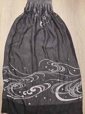 Women's Lapis Gray and White Printed Strapless Elastic Top Maxi Dress One Size